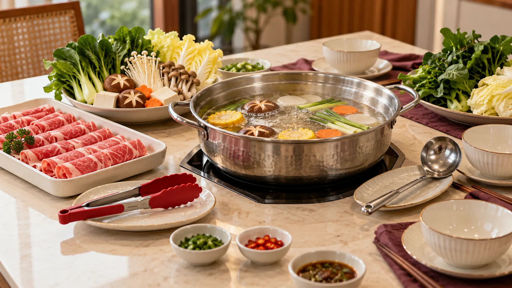 Hotpot with raw beef and red tongs on one side, clean bowls and ladle on the other.