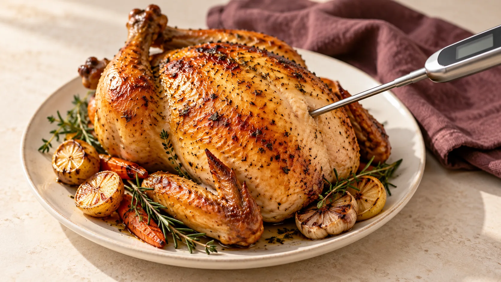 Food thermometer probe inserted into cooked roast chicken.