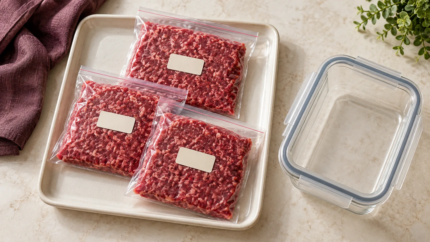 Three flat sealed bags of raw mince arranged on a tray.