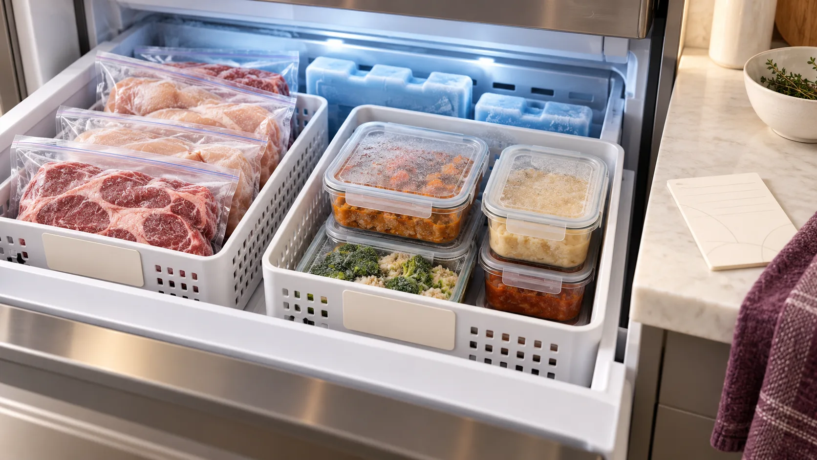 Freezer drawer with separate baskets of sealed raw packs and cooked-food containers.