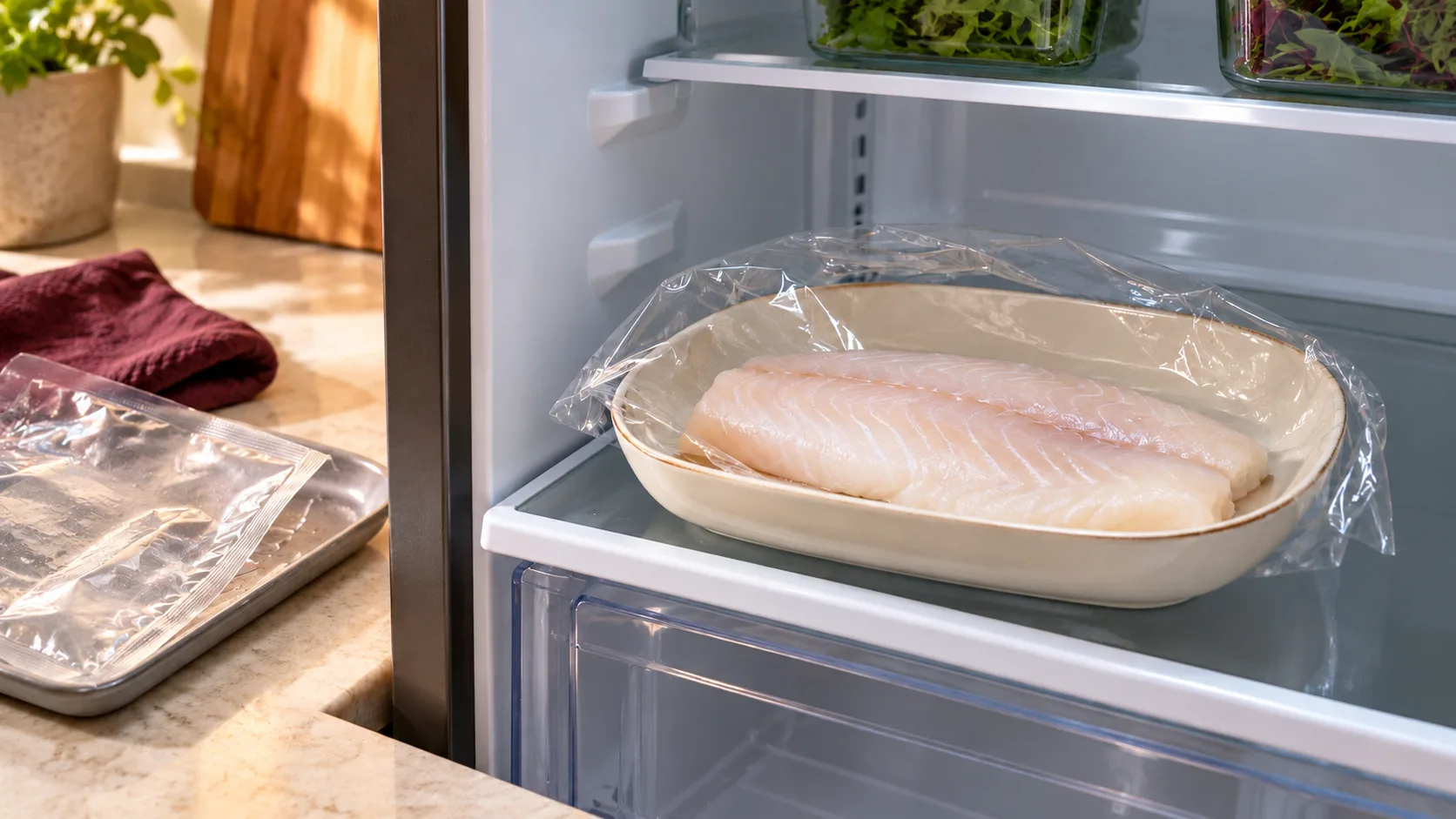 Fish fillet removed from its vacuum pouch into a loosely covered refrigerator dish.