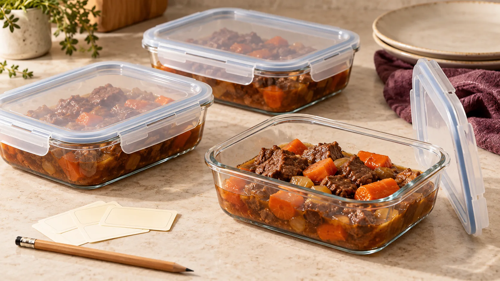 Cooked beef stew portioned into shallow meal containers.