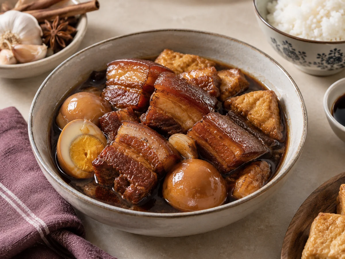 Pork belly and eggs in a dark soy sauce braise.