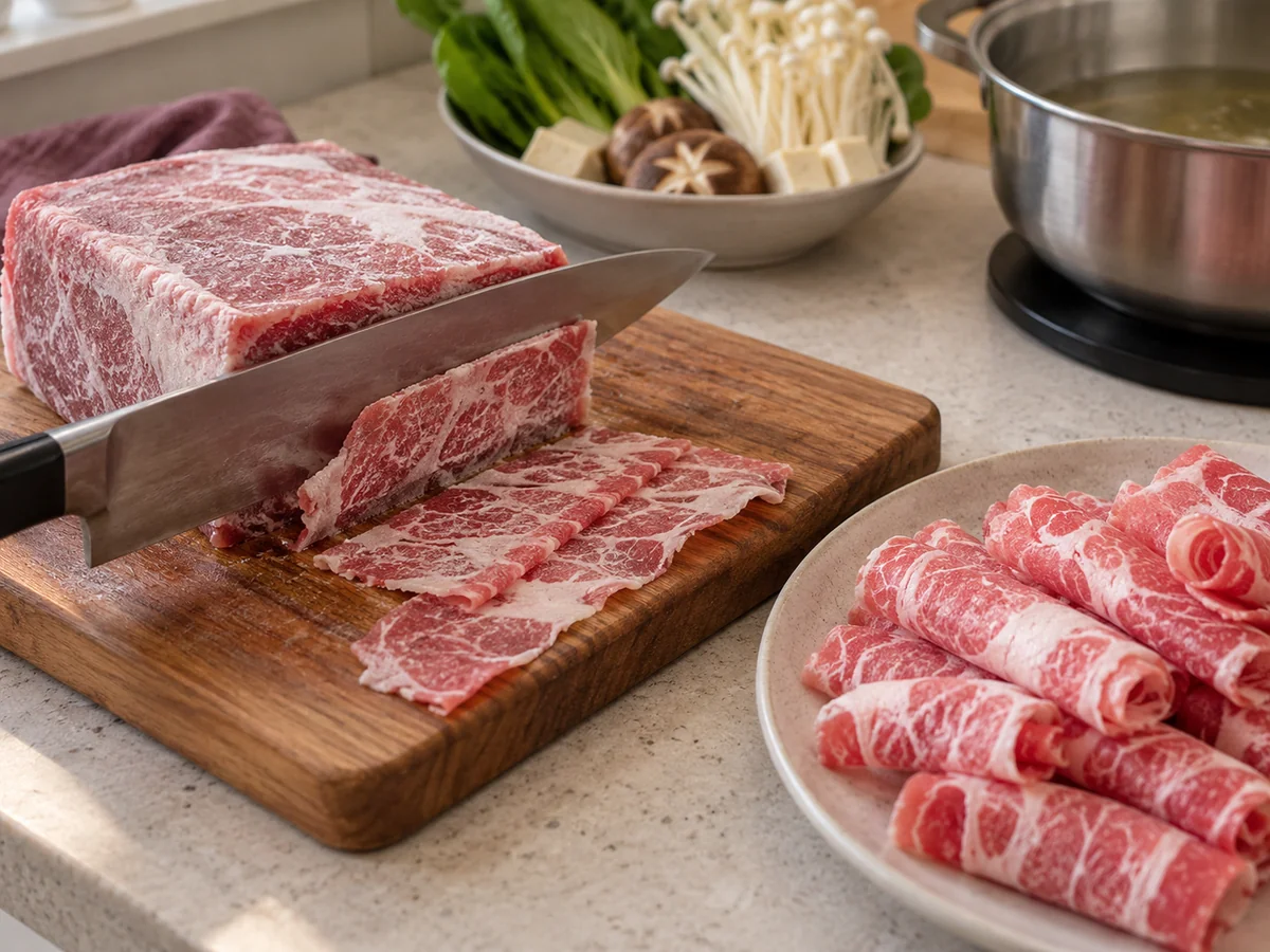 Thin beef slices beside a partially frozen block and a knife.