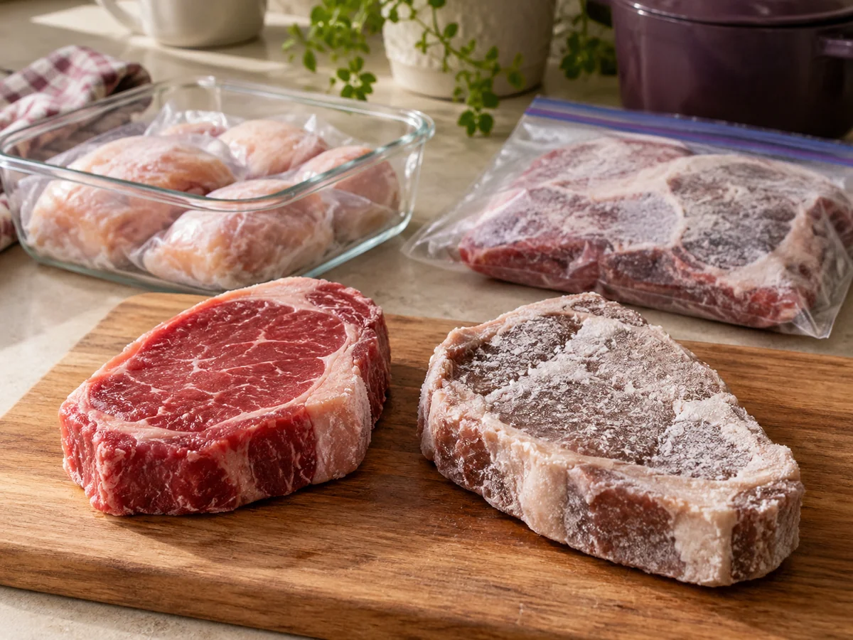 Wrapped frozen steaks beside an unwrapped steak with surface frost.