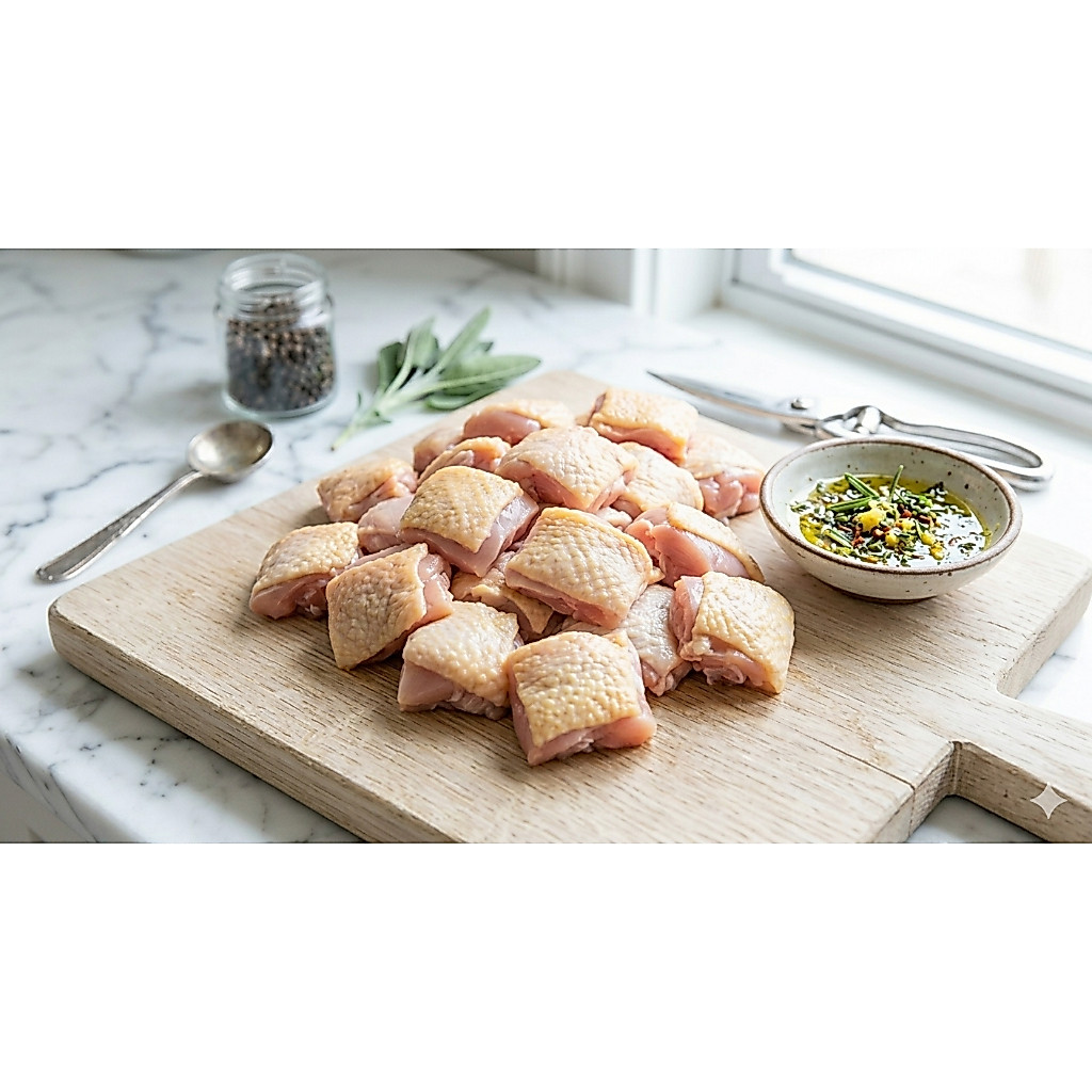Chicken Boneless Leg Cube Skin On 1kg 鸡肉丁 Jokia
